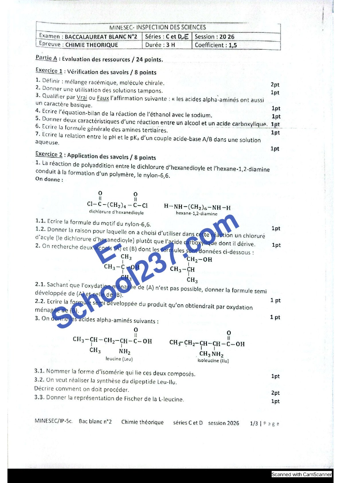 Bac blanc Chimie 2026 Tlec,d